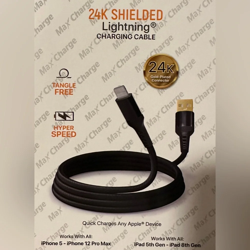 Max Charge 24K Shielded Lightning Charging Cable~NIB!